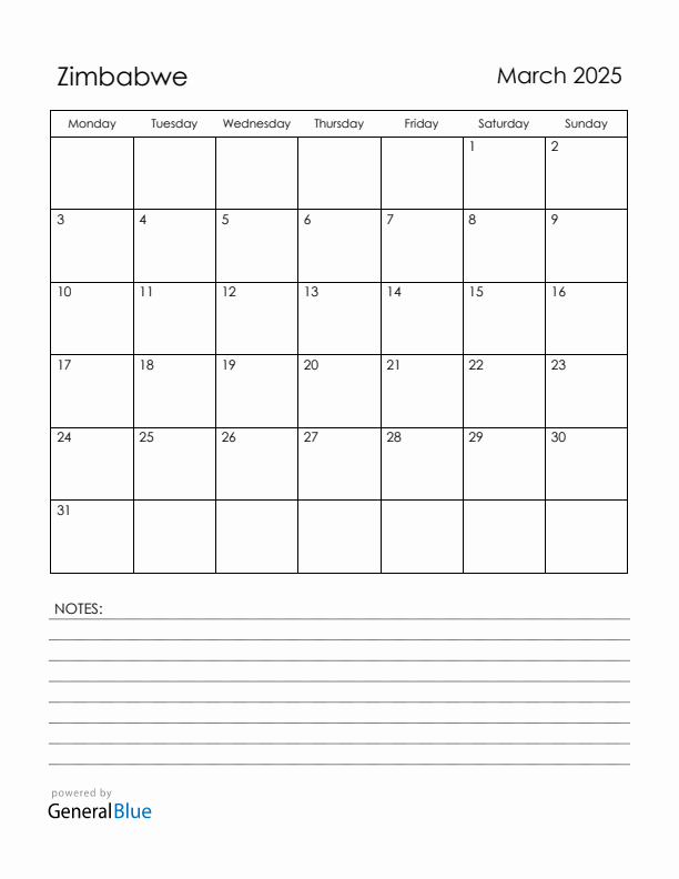 March 2025 Zimbabwe Calendar with Holidays (Monday Start)