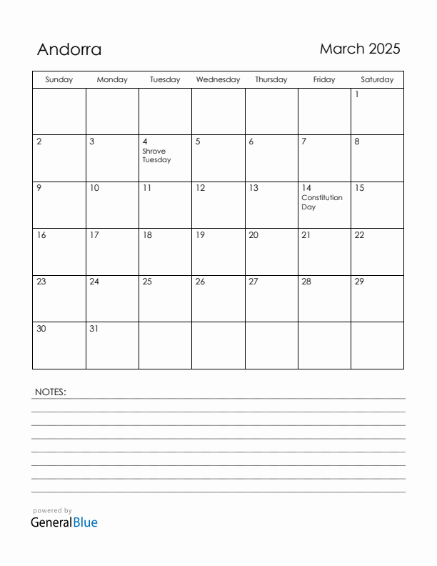 March 2025 Andorra Calendar with Holidays (Sunday Start)