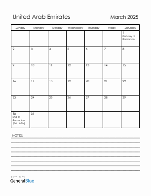 Current month calendar with United Arab Emirates holidays for March 2025