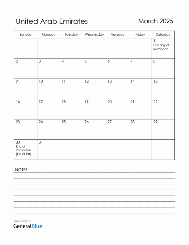 March 2025 United Arab Emirates Calendar with Holidays (Sunday Start)