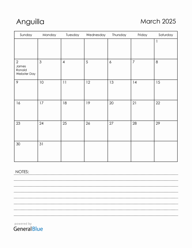 March 2025 Anguilla Calendar with Holidays (Sunday Start)