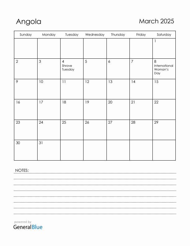 March 2025 Angola Calendar with Holidays (Sunday Start)