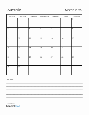 Current month calendar with Australia holidays for March 2025