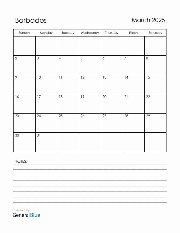 March 2025 Barbados Calendar with Holidays (Sunday Start)