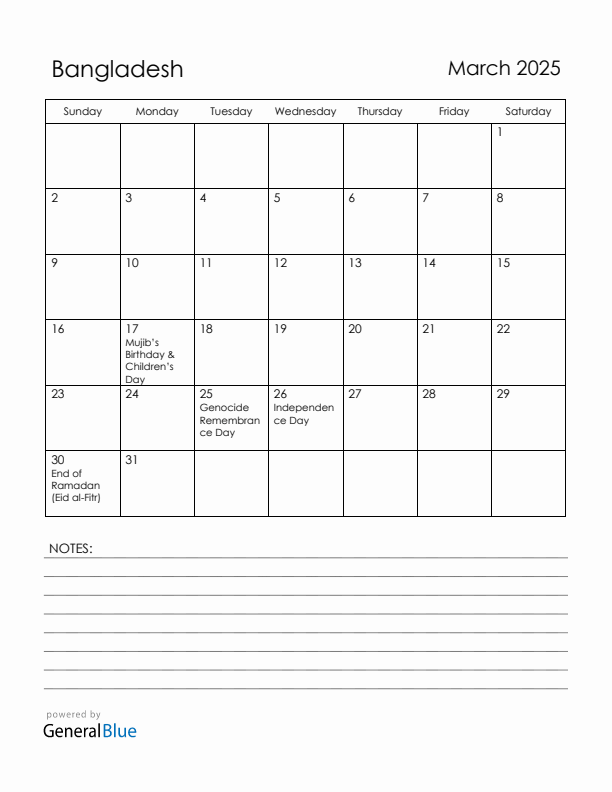 March 2025 Bangladesh Calendar with Holidays (Sunday Start)