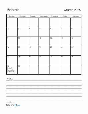 Current month calendar with Bahrain holidays for March 2025