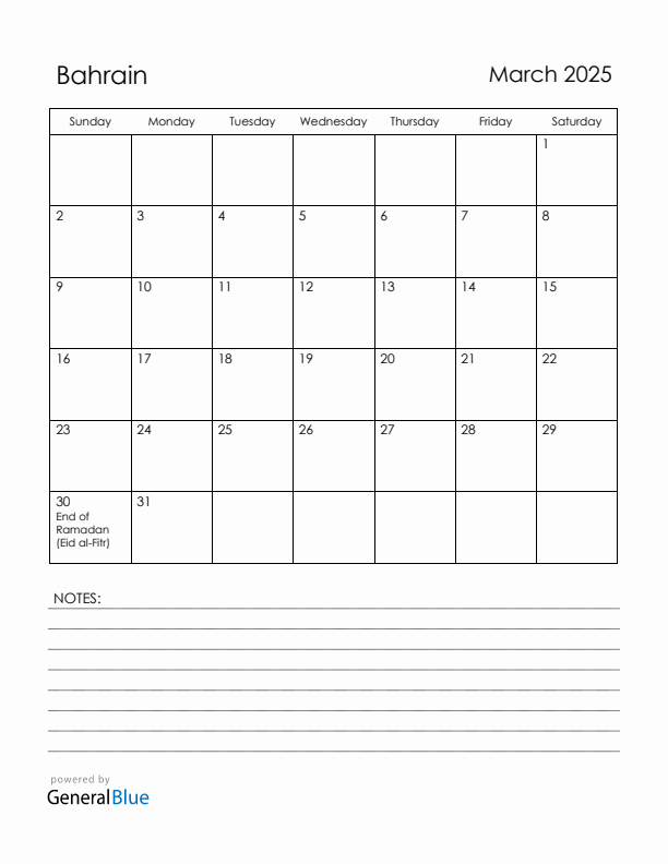 March 2025 Bahrain Calendar with Holidays (Sunday Start)