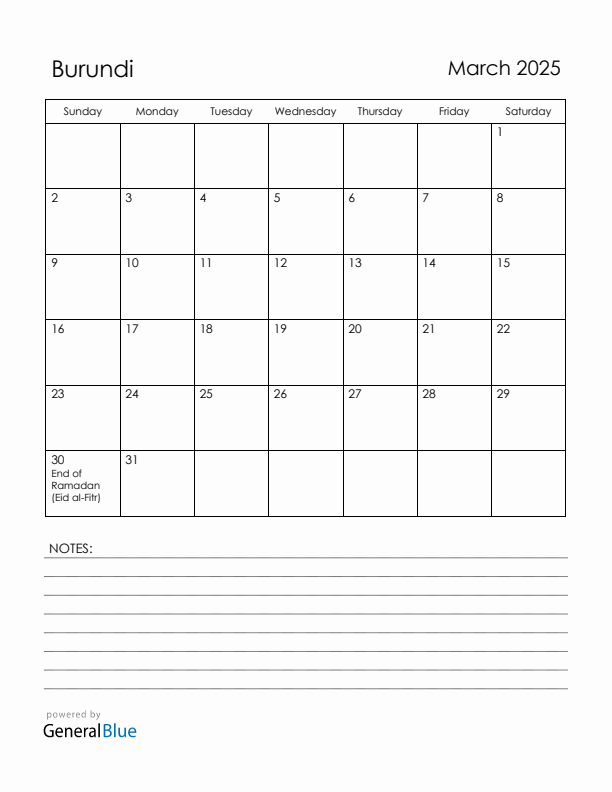 March 2025 Burundi Calendar with Holidays (Sunday Start)