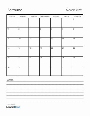 Current month calendar with Bermuda holidays for March 2025