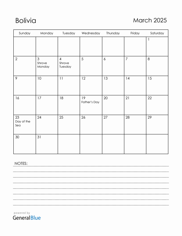 March 2025 Bolivia Calendar with Holidays (Sunday Start)