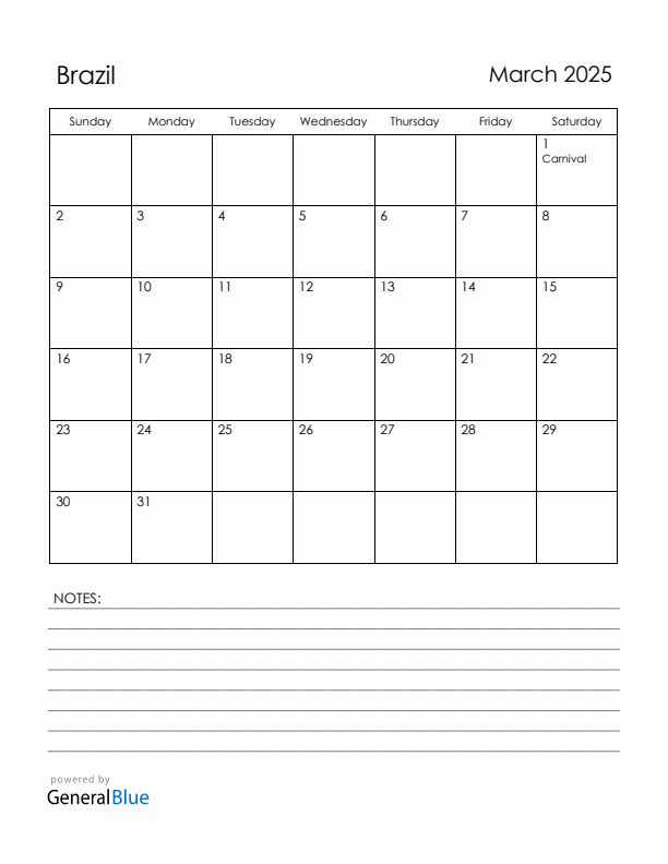 March 2025 Brazil Calendar with Holidays (Sunday Start)