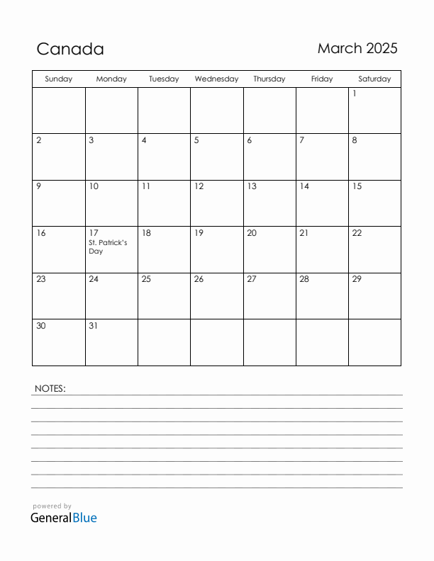 March 2025 Canada Calendar with Holidays (Sunday Start)