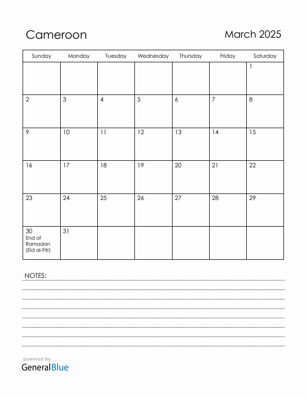 March 2025 Cameroon Calendar with Holidays (Sunday Start)