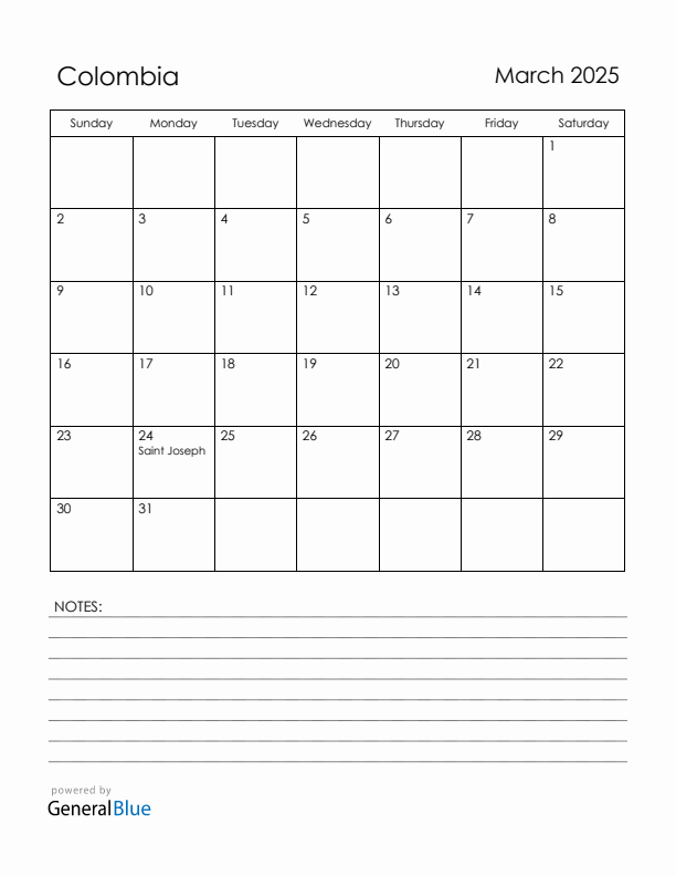 March 2025 Colombia Calendar with Holidays (Sunday Start)