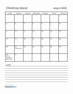 Current month calendar with Christmas Island holidays for March 2025