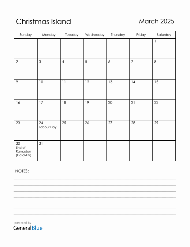 March 2025 Christmas Island Calendar with Holidays (Sunday Start)