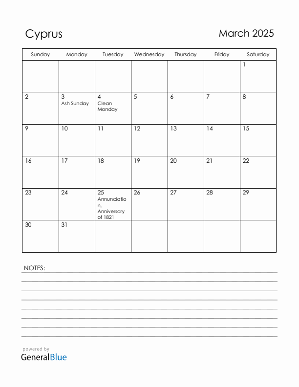 March 2025 Cyprus Calendar with Holidays (Sunday Start)