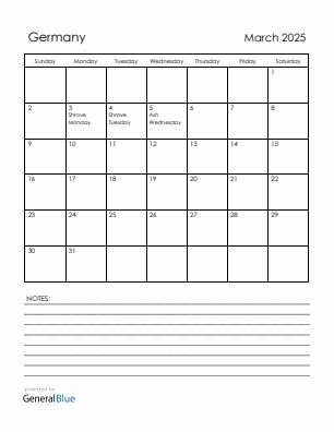 Current month calendar with Germany holidays for March 2025