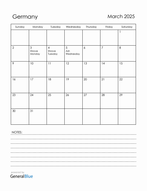 March 2025 Germany Calendar with Holidays (Sunday Start)