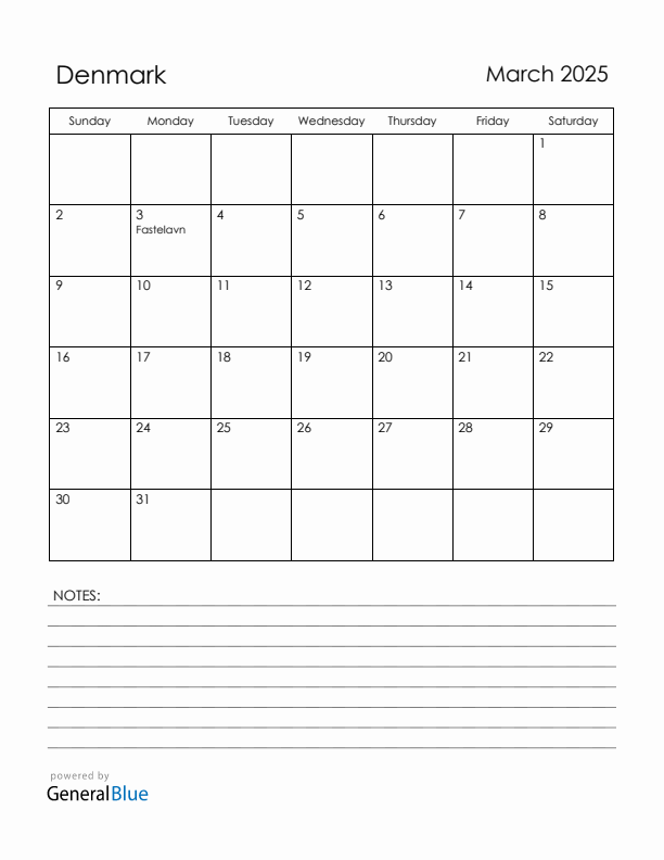 March 2025 Denmark Calendar with Holidays (Sunday Start)