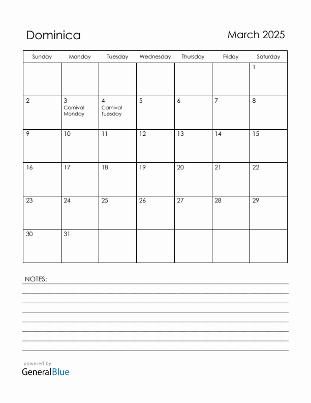 March 2025 Dominica Calendar with Holidays (Sunday Start)