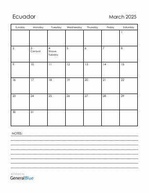 Current month calendar with Ecuador holidays for March 2025