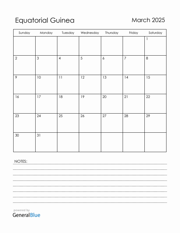 March 2025 Equatorial Guinea Calendar with Holidays (Sunday Start)