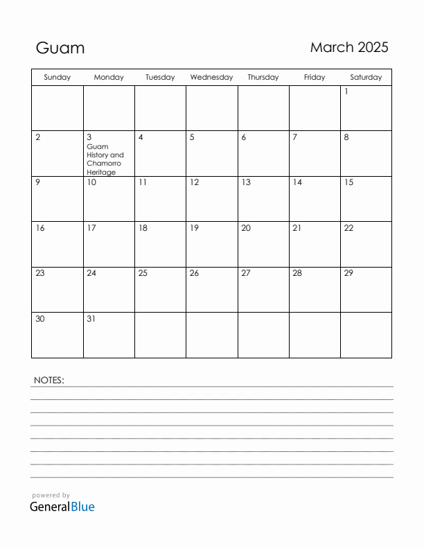 March 2025 Guam Calendar with Holidays (Sunday Start)