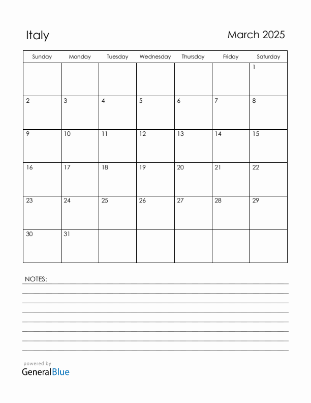 March 2025 Italy Calendar with Holidays (Sunday Start)