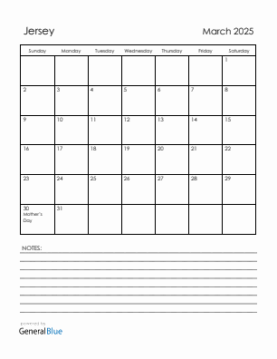 Current month calendar with Jersey holidays for March 2025