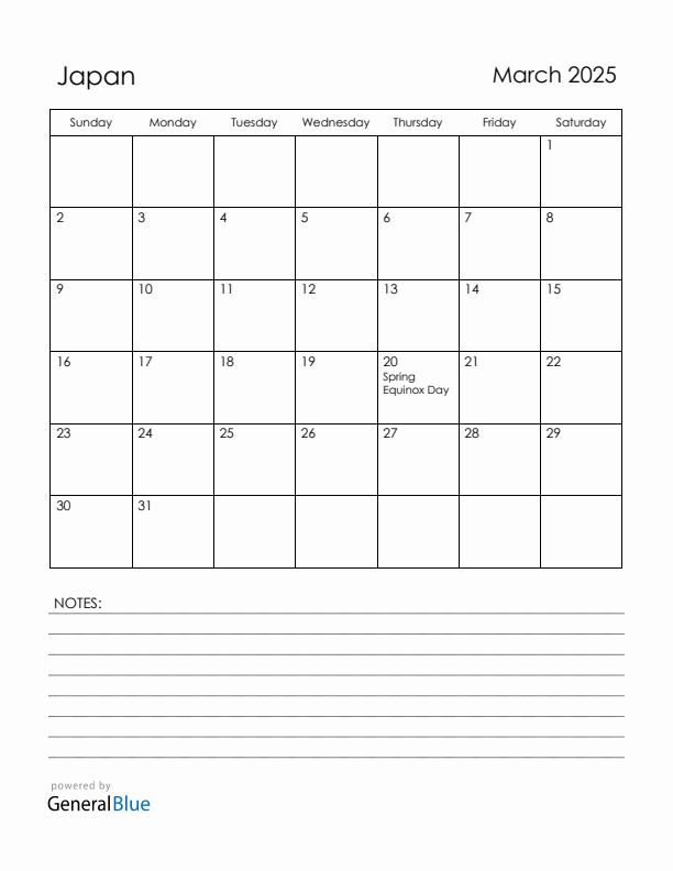 March 2025 Japan Calendar with Holidays (Sunday Start)