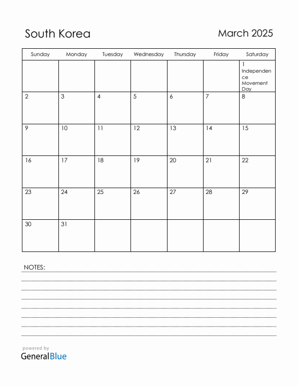 March 2025 South Korea Calendar with Holidays (Sunday Start)