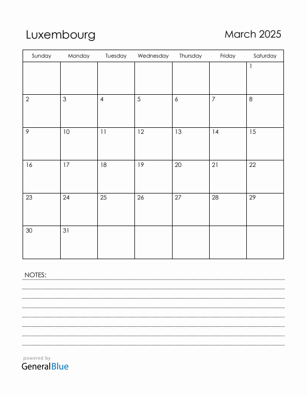 March 2025 Luxembourg Calendar with Holidays (Sunday Start)