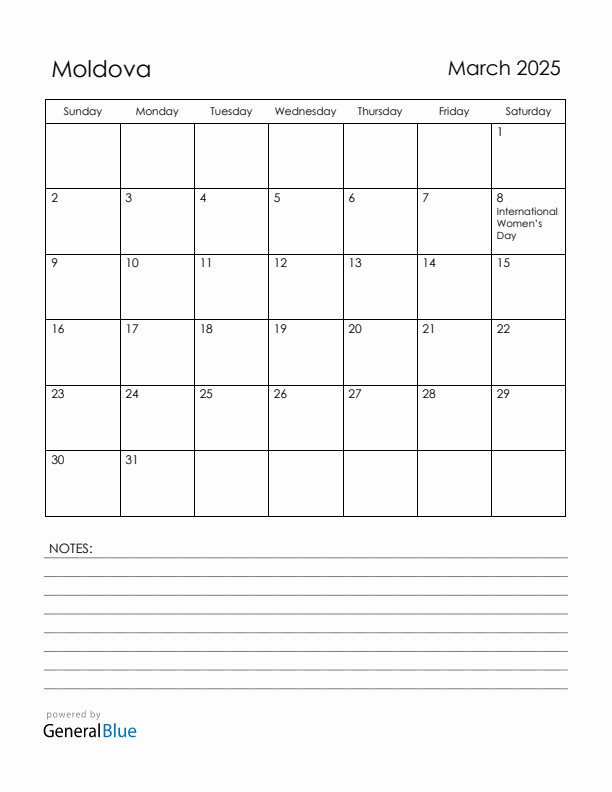 March 2025 Moldova Calendar with Holidays (Sunday Start)