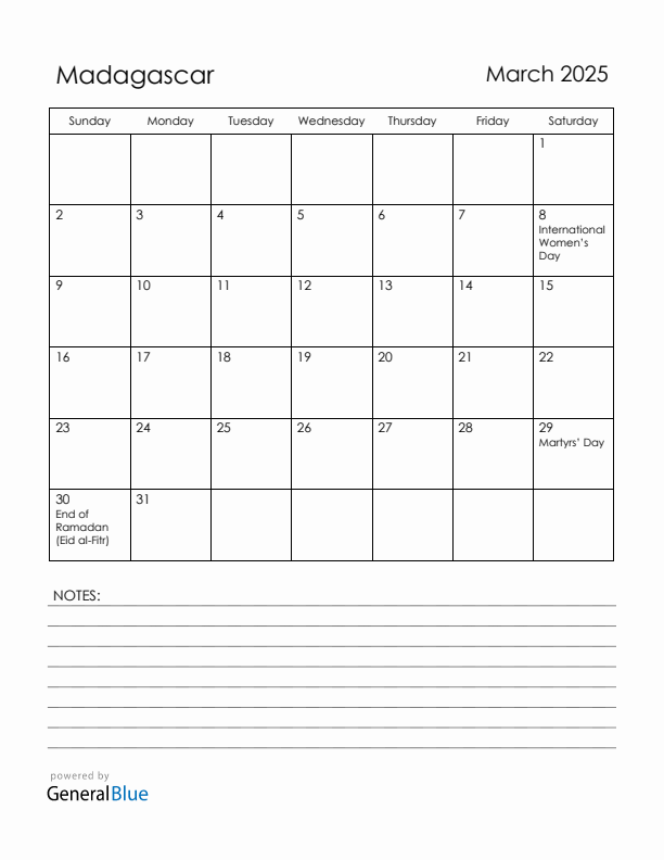 March 2025 Madagascar Calendar with Holidays (Sunday Start)