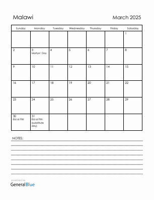 Current month calendar with Malawi holidays for March 2025