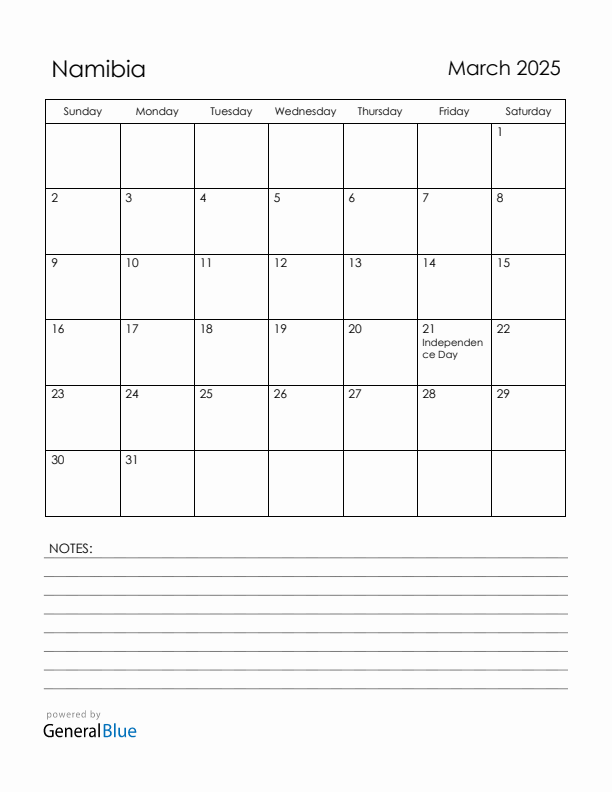 March 2025 Namibia Calendar with Holidays (Sunday Start)