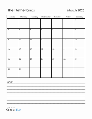 Current month calendar with The Netherlands holidays for March 2025