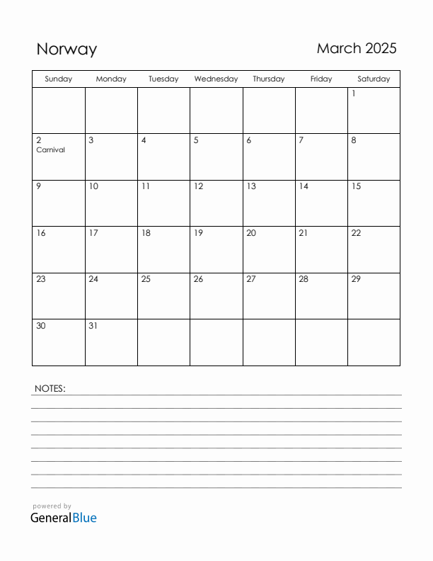 March 2025 Norway Calendar with Holidays (Sunday Start)