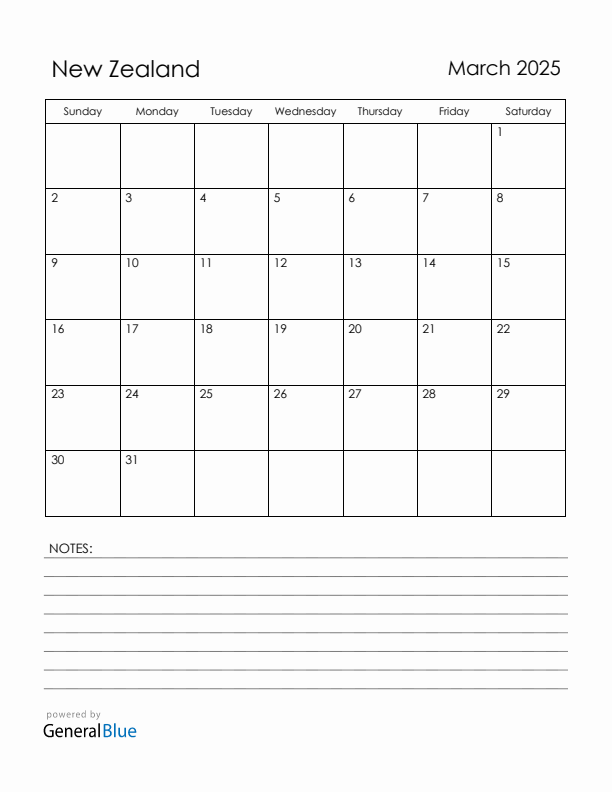 March 2025 New Zealand Calendar with Holidays (Sunday Start)