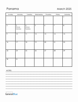 Current month calendar with Panama holidays for March 2025