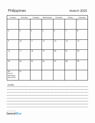 Current month calendar with Philippines holidays for March 2025