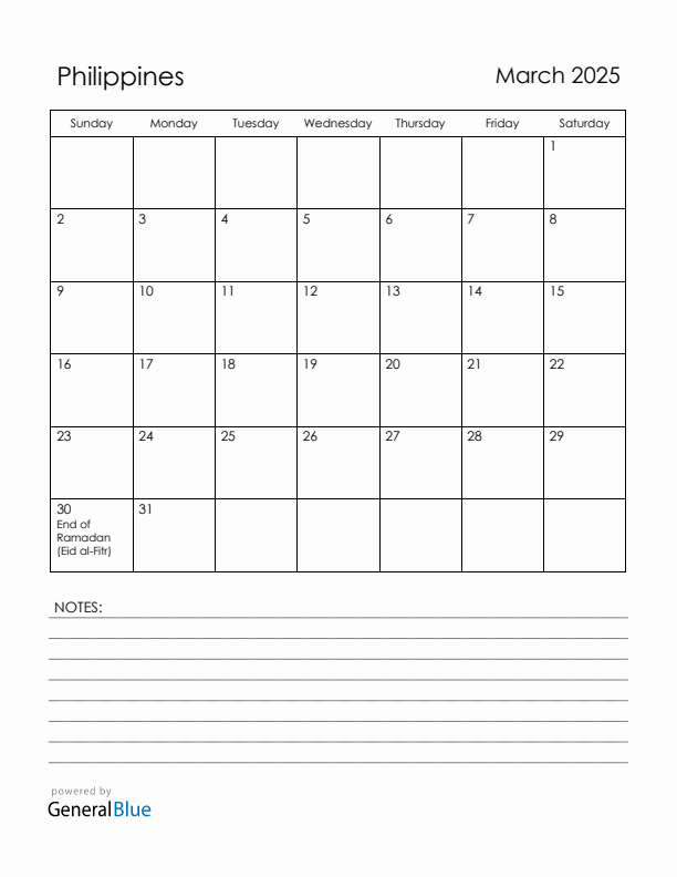 March 2025 Philippines Calendar with Holidays (Sunday Start)