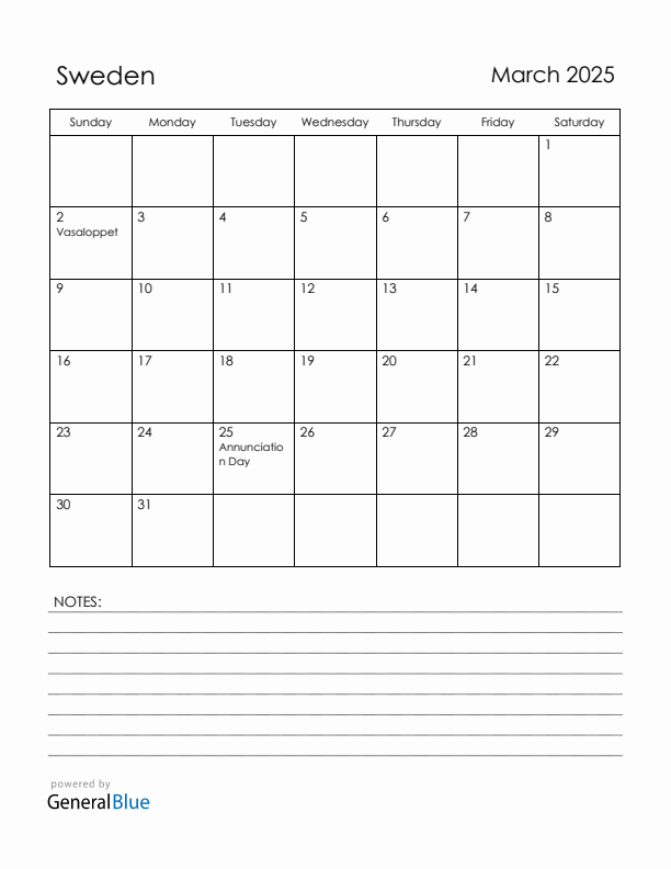 March 2025 Sweden Calendar with Holidays (Sunday Start)
