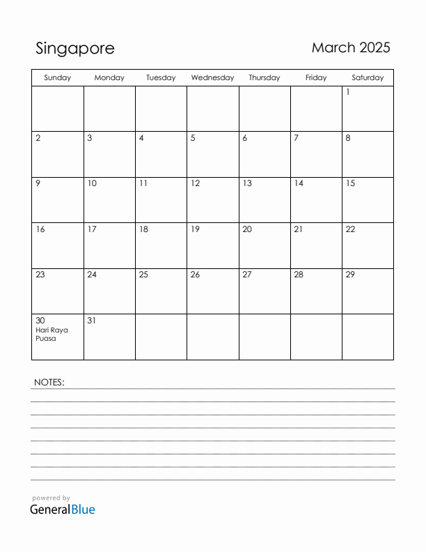 March 2025 Singapore Calendar with Holidays (Sunday Start)