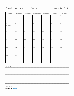 Current month calendar with Svalbard and Jan Mayen holidays for March 2025