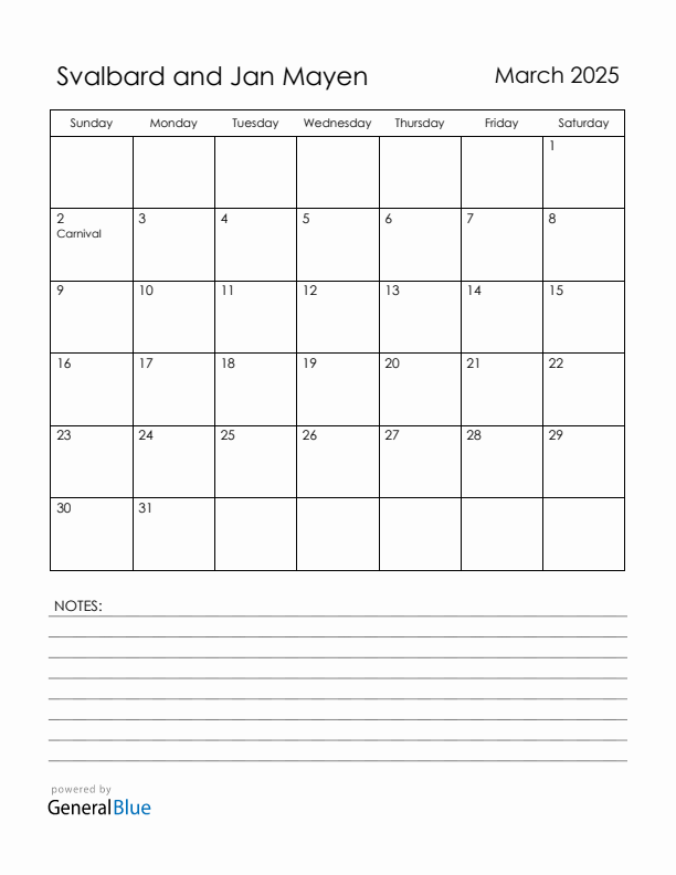 March 2025 Svalbard and Jan Mayen Calendar with Holidays (Sunday Start)