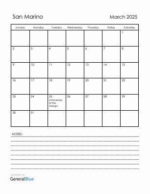 Current month calendar with San Marino holidays for March 2025