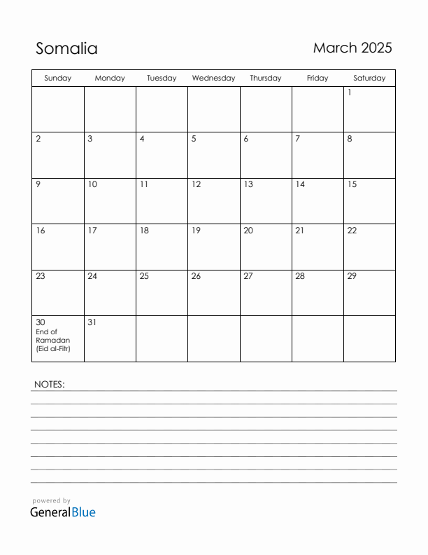 March 2025 Somalia Calendar with Holidays (Sunday Start)