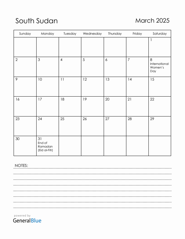 March 2025 South Sudan Calendar with Holidays (Sunday Start)